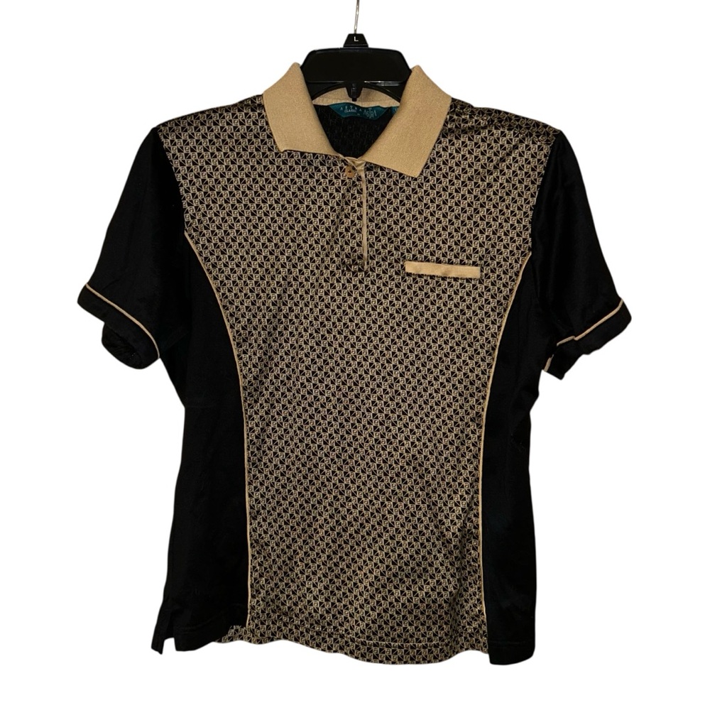 Astra Classic Womens Vintage Polo Shirt Cotton Geometric Medium Retro Tan Black‎
